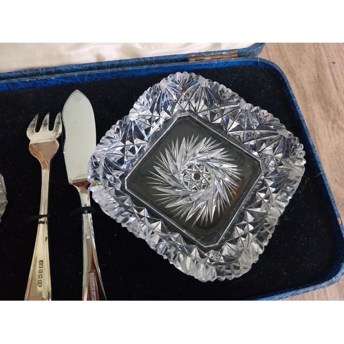 510 - Edwardian Sydney Hanna Belfast cut crystal and silver plate sea food set in presentation case.