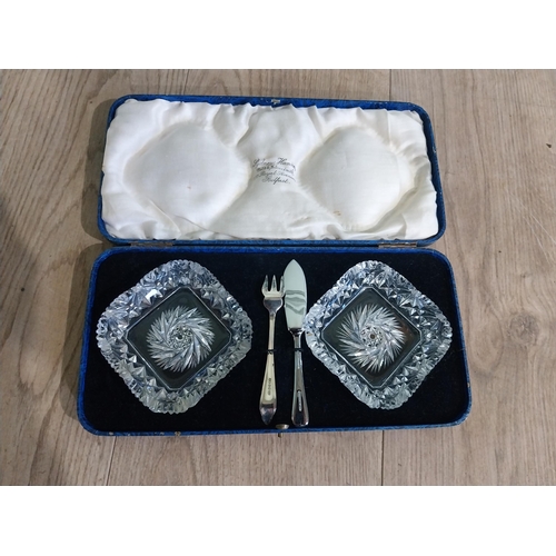 510 - Edwardian Sydney Hanna Belfast cut crystal and silver plate sea food set in presentation case.