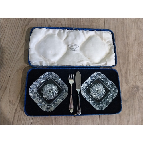 510 - Edwardian Sydney Hanna Belfast cut crystal and silver plate sea food set in presentation case.