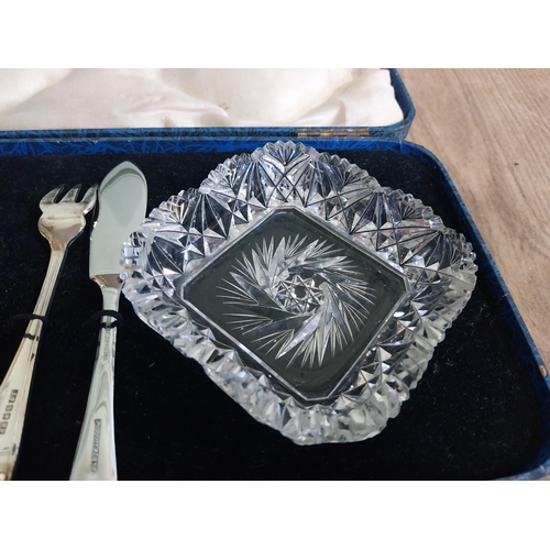 510 - Edwardian Sydney Hanna Belfast cut crystal and silver plate sea food set in presentation case.