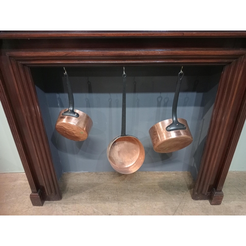 515 - Set of three copper pans. {H 12cm x W 50cm x D 25cm , H 11cm x W 60cm x D 22cn x H 10cm x W 40cm x D... 