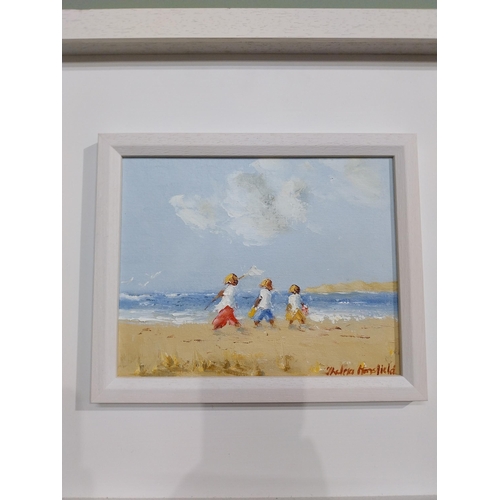 518 - Thelma Mansfield Children on Beach Oil on board mounted in painted wooden frame. {48 cm H x 50 cm W}... 