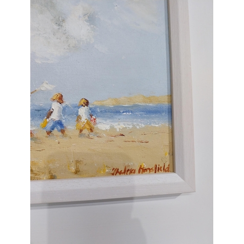 518 - Thelma Mansfield Children on Beach Oil on board mounted in painted wooden frame. {48 cm H x 50 cm W}... 