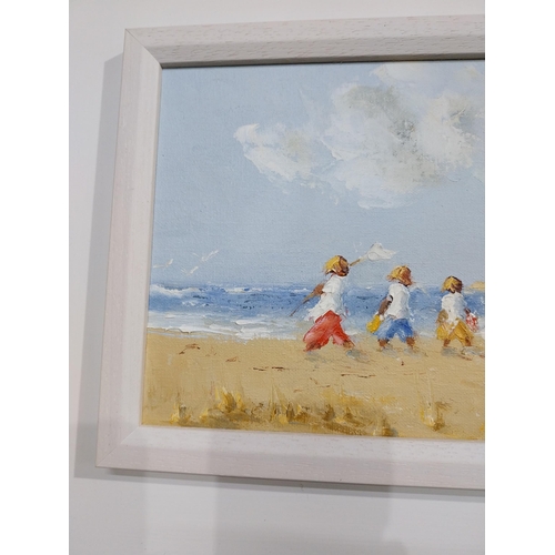 518 - Thelma Mansfield Children on Beach Oil on board mounted in painted wooden frame. {48 cm H x 50 cm W}... 