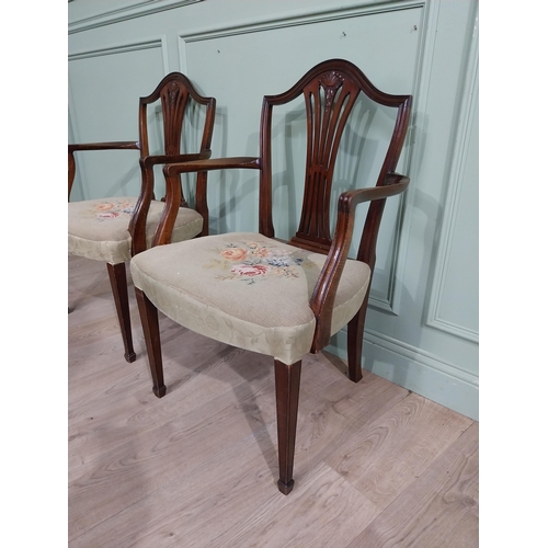 526 - Pair of mahogany upholstered armchairs on tapered legs in the Hepplewhite style. {95 cm H x 61 cm W ... 