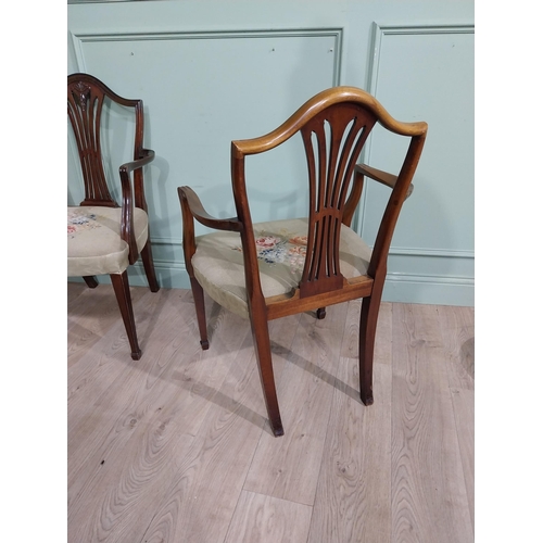 526 - Pair of mahogany upholstered armchairs on tapered legs in the Hepplewhite style. {95 cm H x 61 cm W ... 