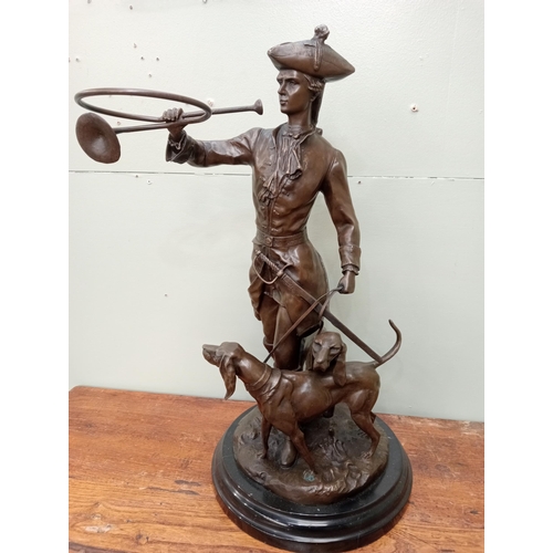 53 - Large Bronze statue of Hunter with horn and two hound dogs.  {H 72cm x Dia 33cm}. NOT AVAILABLE TO V... 