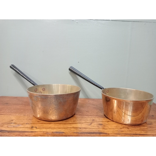 533 - Pair of brass saucepans  {H 11cm x D 22 cm H 10cm x D 21cm}.  NOT AVAILABLE TO VIEW IN PERSON