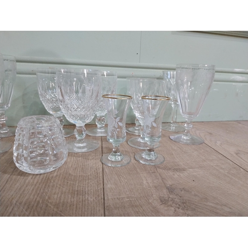 537 - Large collection of nine Waterford cut glass crystal glasses and other glass vases and candle holder... 