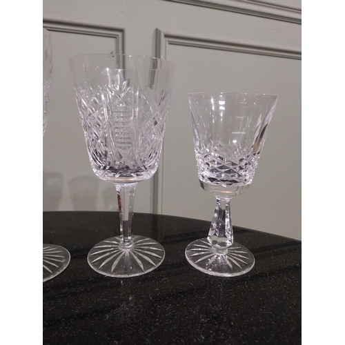 542 - Six cut crystal wine glasses including some Waterford. {18 cm H to 15 cm H}