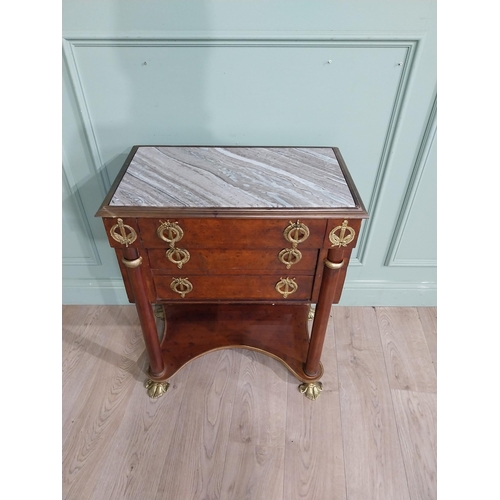 545 - French burr walnut side cabinet with marble inset top over three short drawers with ormolu mounts. {... 