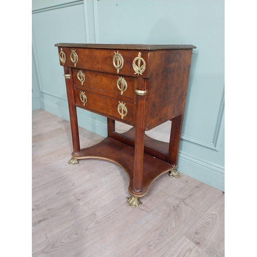 545 - French burr walnut side cabinet with marble inset top over three short drawers with ormolu mounts. {... 