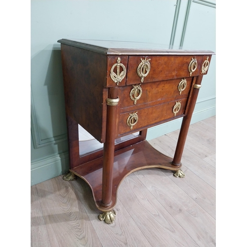 545 - French burr walnut side cabinet with marble inset top over three short drawers with ormolu mounts. {... 