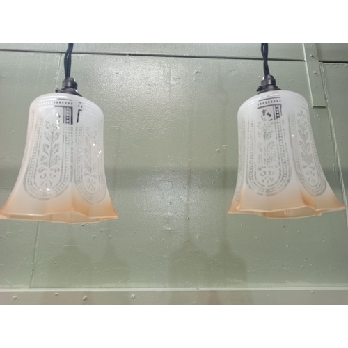 551 - Pair of etched glass lights with bronze light fittings  Hanging H 60cm Shade H 18cm x D 12cm