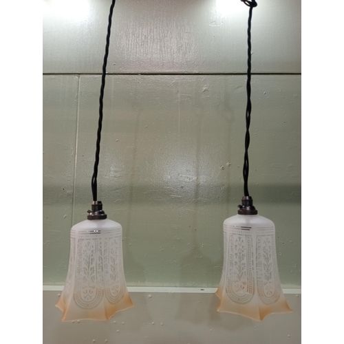 551 - Pair of etched glass lights with bronze light fittings  Hanging H 60cm Shade H 18cm x D 12cm