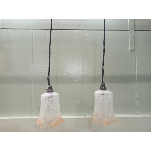 551 - Pair of etched glass lights with bronze light fittings  Hanging H 60cm Shade H 18cm x D 12cm