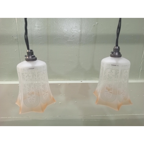 551 - Pair of etched glass lights with bronze light fittings  Hanging H 60cm Shade H 18cm x D 12cm