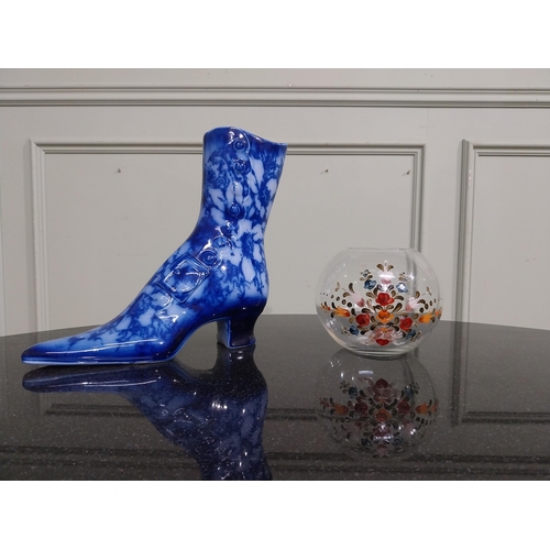 552 - Blue and white po, soap dish, boot and glass vase. {12 cm H}. 20 cm H and 10 cm H}