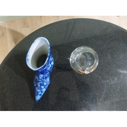 552 - Blue and white po, soap dish, boot and glass vase. {12 cm H}. 20 cm H and 10 cm H}