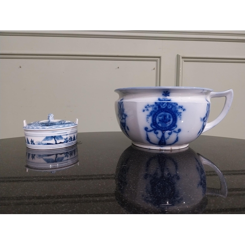 552 - Blue and white po, soap dish, boot and glass vase. {12 cm H}. 20 cm H and 10 cm H}