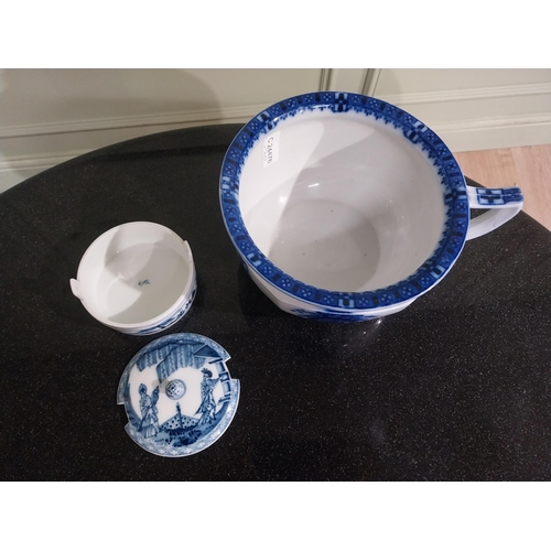 552 - Blue and white po, soap dish, boot and glass vase. {12 cm H}. 20 cm H and 10 cm H}