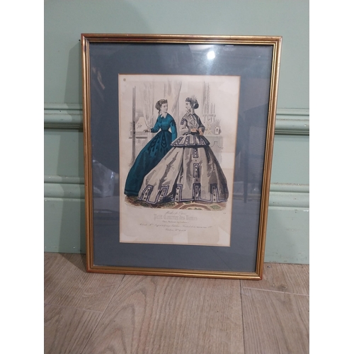 556 - Set of three 19th C. Coloured engravings depicting Ladies mounted in gilt frames. {37 cm W x 29 cm D... 