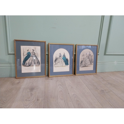 556 - Set of three 19th C. Coloured engravings depicting Ladies mounted in gilt frames. {37 cm W x 29 cm D... 