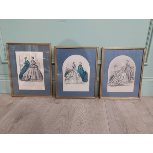 556 - Set of three 19th C. Coloured engravings depicting Ladies mounted in gilt frames. {37 cm W x 29 cm D... 