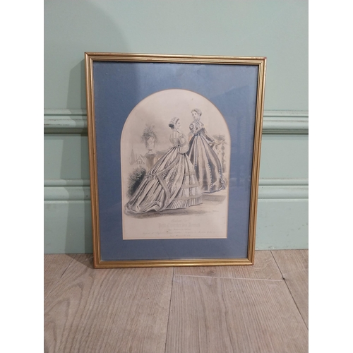 556 - Set of three 19th C. Coloured engravings depicting Ladies mounted in gilt frames. {37 cm W x 29 cm D... 