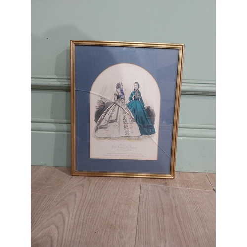 556 - Set of three 19th C. Coloured engravings depicting Ladies mounted in gilt frames. {37 cm W x 29 cm D... 