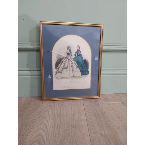 556 - Set of three 19th C. Coloured engravings depicting Ladies mounted in gilt frames. {37 cm W x 29 cm D... 