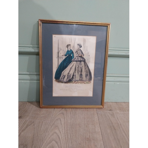 556 - Set of three 19th C. Coloured engravings depicting Ladies mounted in gilt frames. {37 cm W x 29 cm D... 