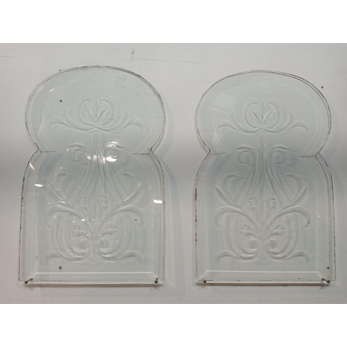 560 - Pair of Art Deco style etched and bevelled glass panels with floral decoration. {H 54cm x W 35cm x D... 