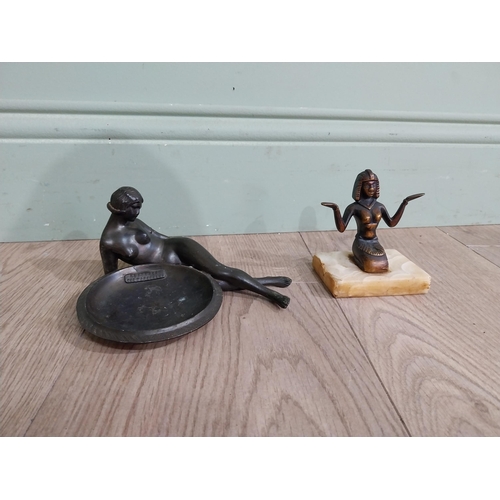 563 - Art Deco Egyptian figure on onyx base {12 cm H x 10 cm W  x 10 cm D} and ashtray surmounted by femal... 