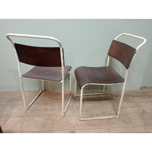 566 - Pair of retro metal and wood school house stacking chairs. {H 84cm x Dia 40cm}.  NOT AVAILABLE TO VI... 