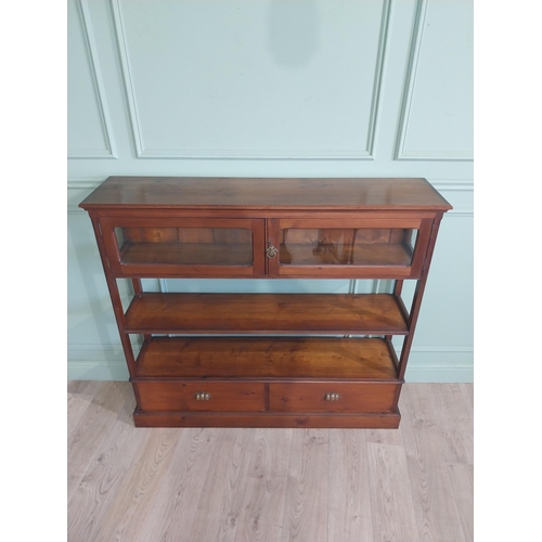 569 - Edwardian pine side cabinet with two short glazed doors over open shelves with two short drawers und... 