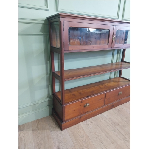 569 - Edwardian pine side cabinet with two short glazed doors over open shelves with two short drawers und... 