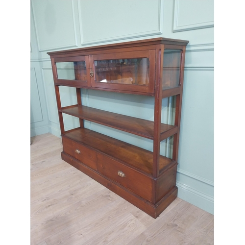 569 - Edwardian pine side cabinet with two short glazed doors over open shelves with two short drawers und... 