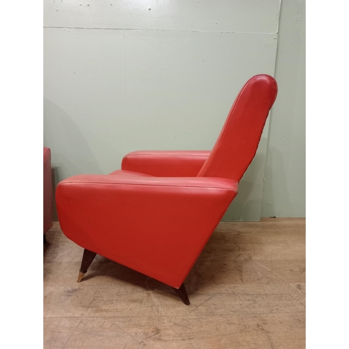 572 - Pair of retro red leather armchairs. {H 90cm x W 78cm x D 84cm}. NOT AVAILABLE TO VIEW IN PERSON