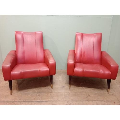 572 - Pair of retro red leather armchairs. {H 90cm x W 78cm x D 84cm}. NOT AVAILABLE TO VIEW IN PERSON