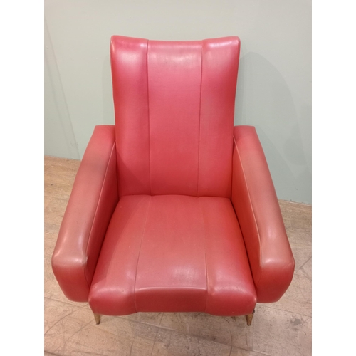 572 - Pair of retro red leather armchairs. {H 90cm x W 78cm x D 84cm}. NOT AVAILABLE TO VIEW IN PERSON