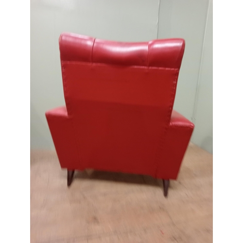 572 - Pair of retro red leather armchairs. {H 90cm x W 78cm x D 84cm}. NOT AVAILABLE TO VIEW IN PERSON