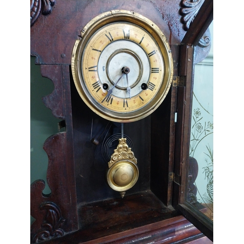 586 - Edwardian painted pine Gingerbread clock with enamel dial.{58 cm H x 36 cm W x 14 c D}.