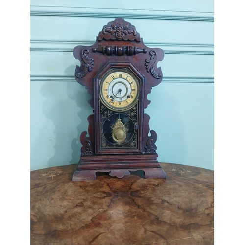 586 - Edwardian painted pine Gingerbread clock with enamel dial.{58 cm H x 36 cm W x 14 c D}.