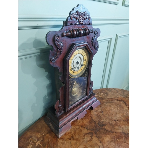 586 - Edwardian painted pine Gingerbread clock with enamel dial.{58 cm H x 36 cm W x 14 c D}.