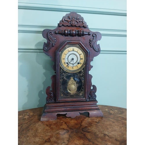 586 - Edwardian painted pine Gingerbread clock with enamel dial.{58 cm H x 36 cm W x 14 c D}.