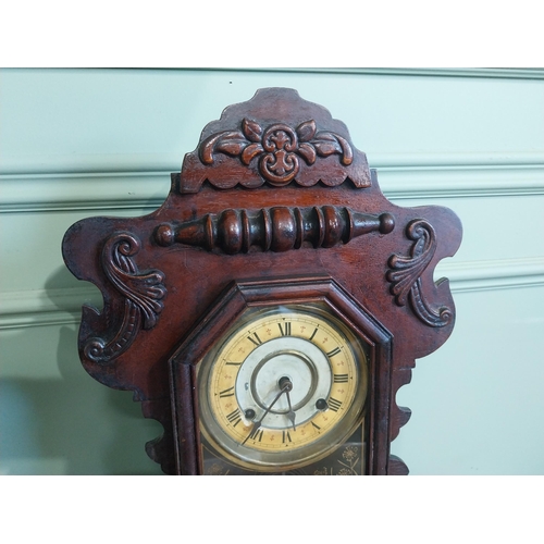 586 - Edwardian painted pine Gingerbread clock with enamel dial.{58 cm H x 36 cm W x 14 c D}.