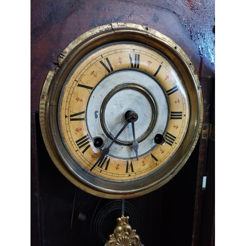 586 - Edwardian painted pine Gingerbread clock with enamel dial.{58 cm H x 36 cm W x 14 c D}.