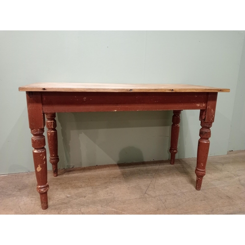 593 - Irish pine kitchen table on four turned legs. {H 71cm x W 114cm x D 57cm}.   NOT AVAILABLE TO VIEW I... 