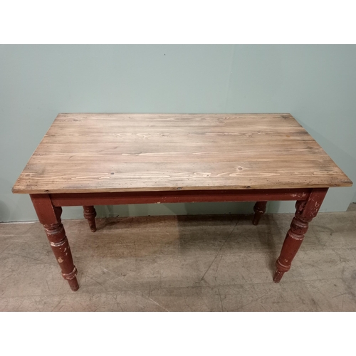 593 - Irish pine kitchen table on four turned legs. {H 71cm x W 114cm x D 57cm}.   NOT AVAILABLE TO VIEW I... 